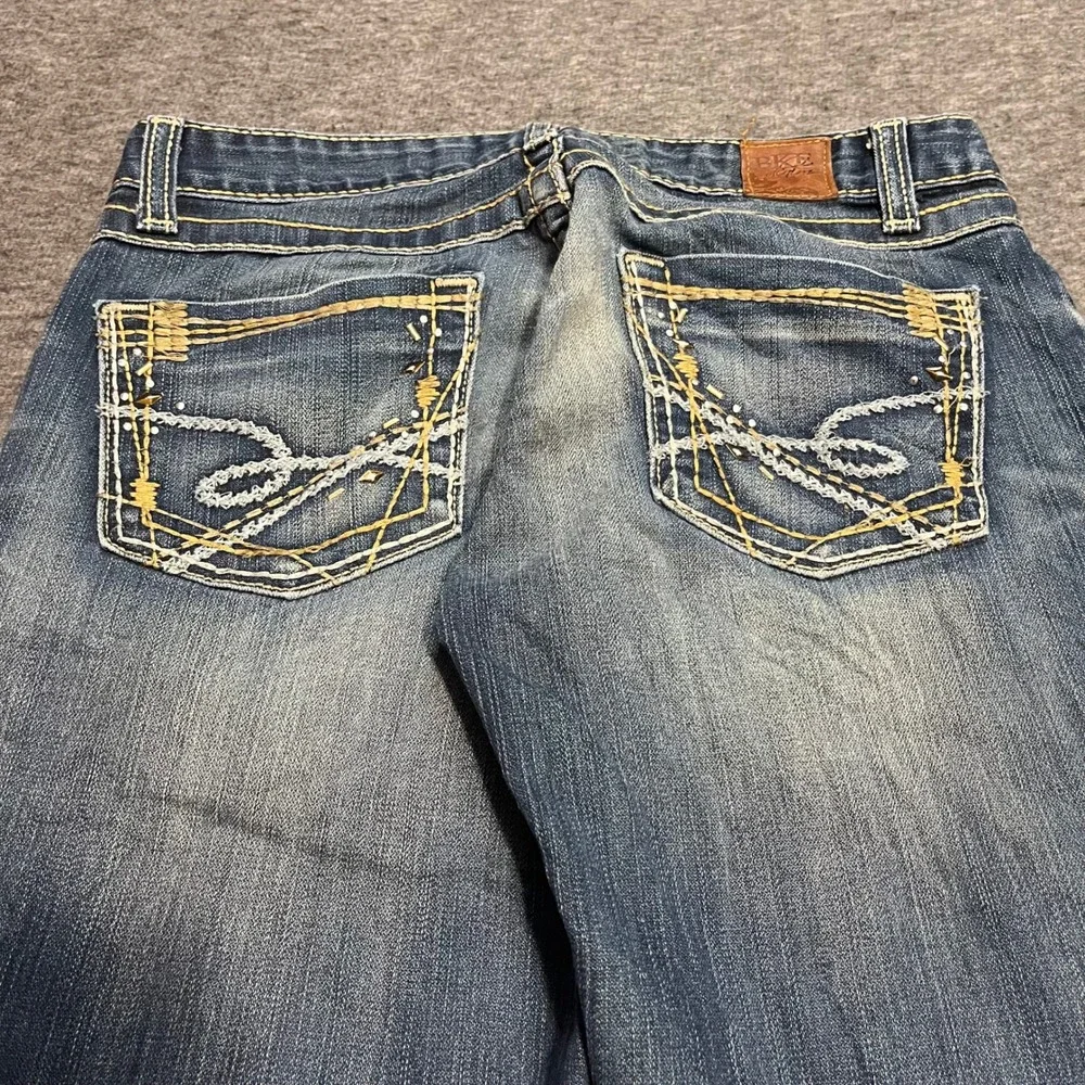 BKE Denim Men Flare Leg Jeans 26x35.5 Medium Wash Embroidered Distressed Hem